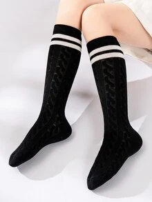 兒童條紋圖案高筒襪 - 黑色 - 查看 3
