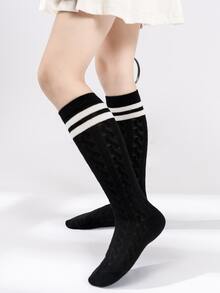 兒童條紋圖案高筒襪 - 黑色 - 查看 4