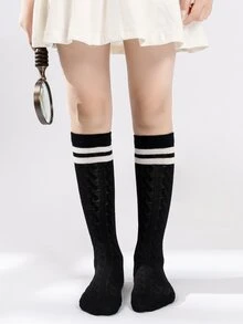 兒童條紋圖案高筒襪 - 黑色 - 查看 5
