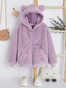 SHEIN Girls Drop Shoulder 3D Ears Design Hooded Fuzzy Coat - Lilac Purple - View 1