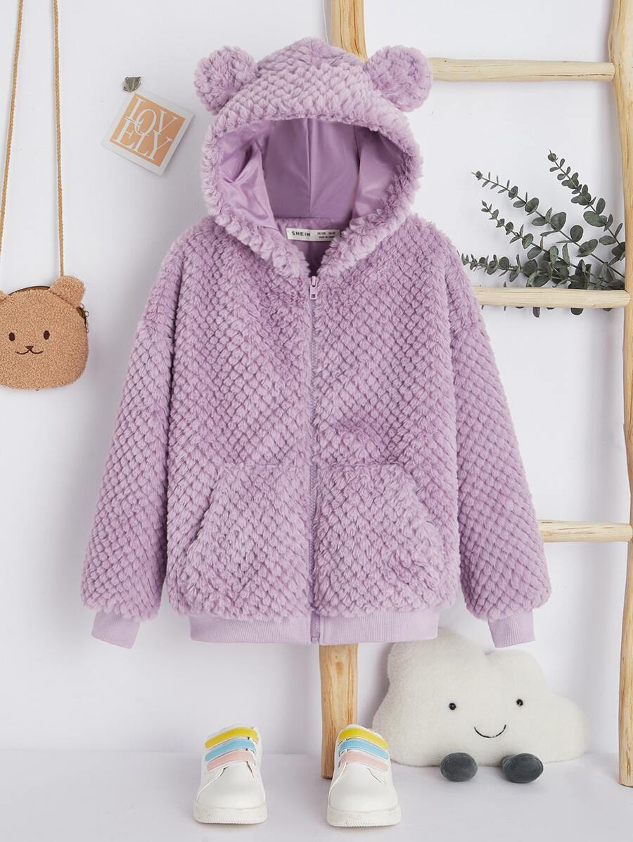 SHEIN Girls Drop Shoulder 3D Ears Design Hooded Fuzzy Coat - Lilac Purple - View 1