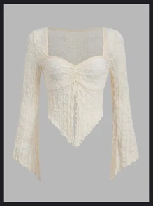 SHEIN ICON Ruched Bust Split Hem Lettuce Trim Top Without Bra - Beige - View 1