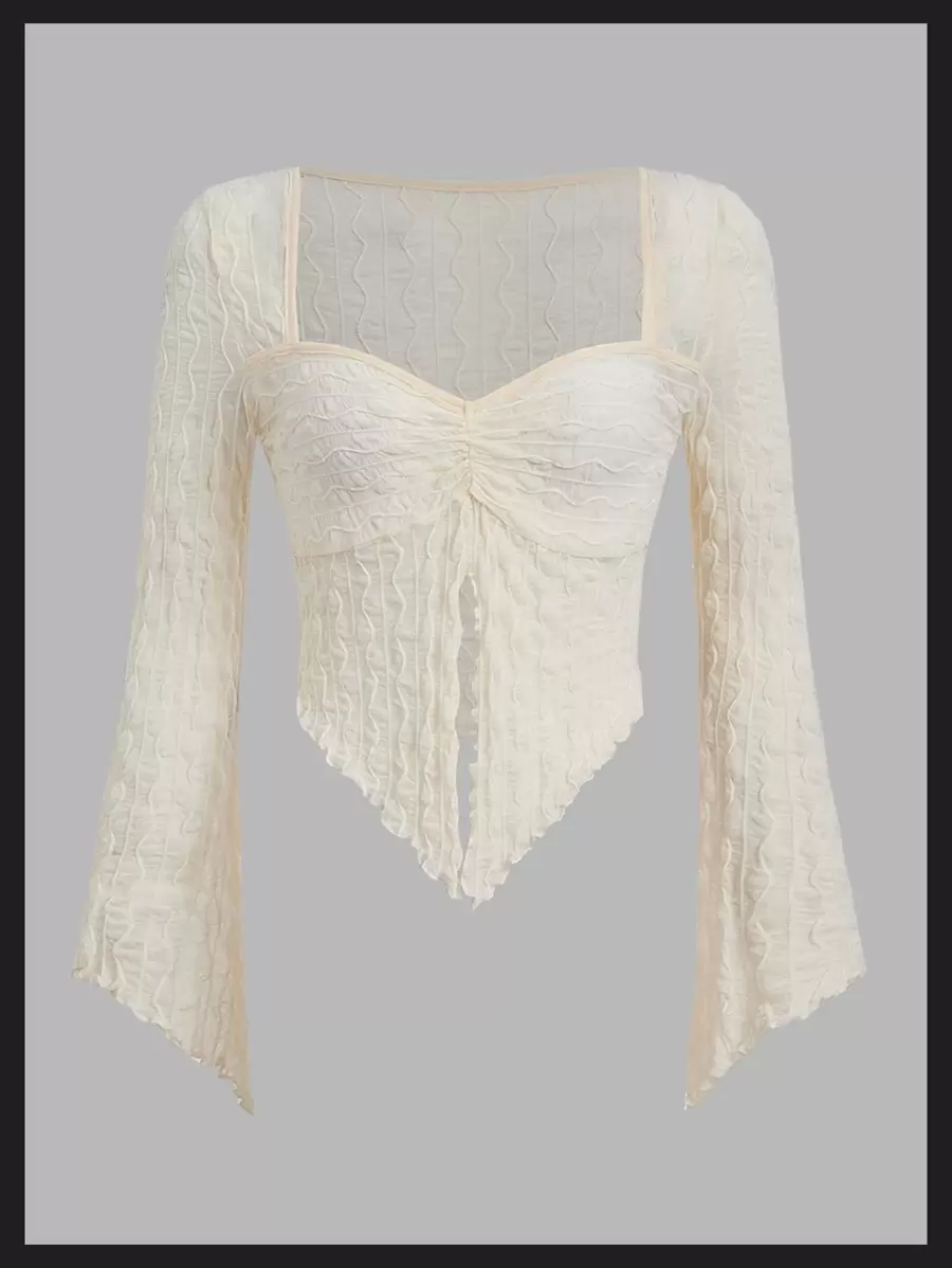 SHEIN ICON Ruched Bust Split Hem Lettuce Trim Top Without Bra - Beige - View 1