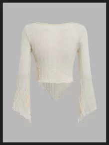 SHEIN ICON Ruched Bust Split Hem Lettuce Trim Top Without Bra - Beige - View 2