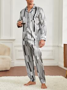 Men Striped & Geo Print Satin PJ Set - Grey - View 1