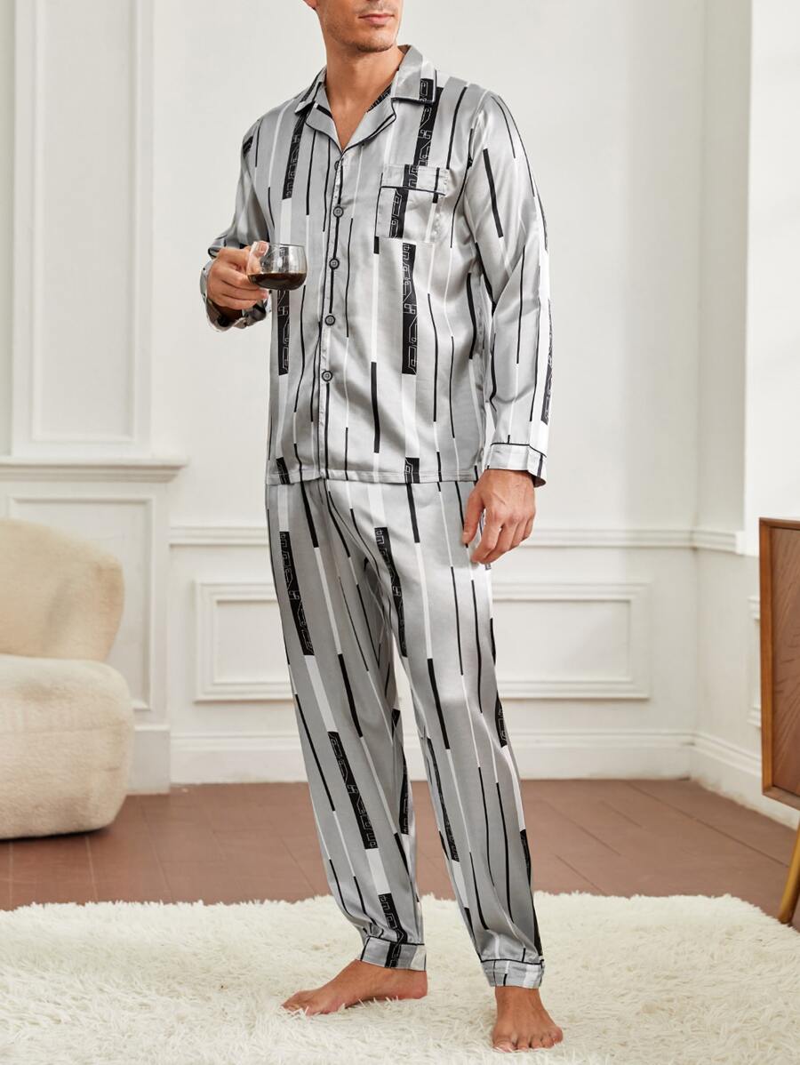 Men Striped & Geo Print Satin PJ Set - Grey - View 1