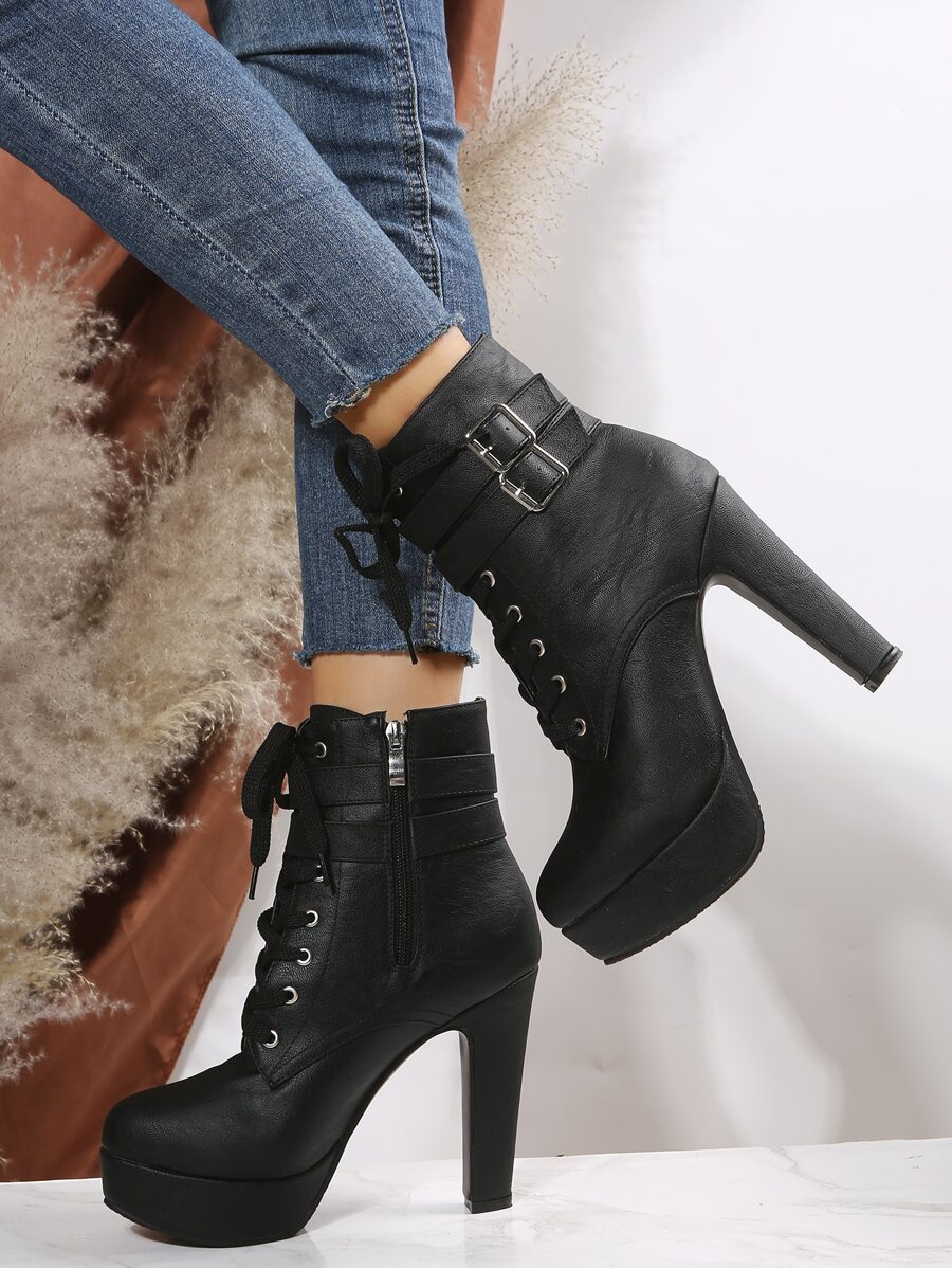 Schnallen-Dekor Schnürstiefel mit Schnürung vorne, Hochplattform Schwarze modische Schnürstiefel mit Schnallen, einfarbig, Valentinstag Damenstiefel