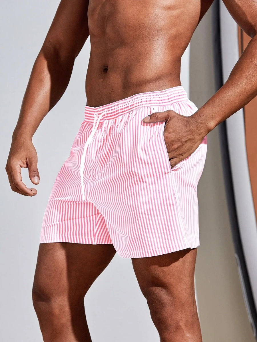 Manfinity Swimmode Men Vertical Striped Drawstring Waist Swim Trunks - Pink - View 1