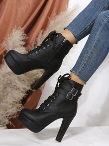 Schnallen-Dekor Schnürstiefel mit Schnürung vorne, Hochplattform Schwarze modische Schnürstiefel mit Schnallen, einfarbig, Valentinstag Damenstiefel