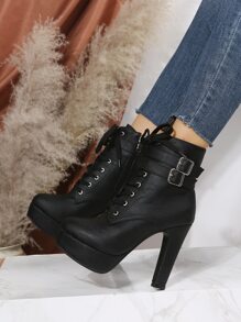 Schnallen-Dekor Schnürstiefel mit Schnürung vorne, Hochplattform Schwarze modische Schnürstiefel mit Schnallen, einfarbig, Valentinstag Damenstiefel