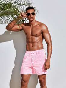 Manfinity Swimmode Men Vertical Striped Drawstring Waist Swim Trunks - Pink - View 3
