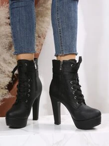 Schnallen-Dekor Schnürstiefel mit Schnürung vorne, Hochplattform Schwarze modische Schnürstiefel mit Schnallen, einfarbig, Valentinstag Damenstiefel