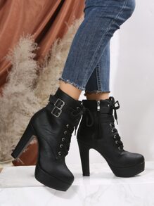 Schnallen-Dekor Schnürstiefel mit Schnürung vorne, Hochplattform Schwarze modische Schnürstiefel mit Schnallen, einfarbig, Valentinstag Damenstiefel