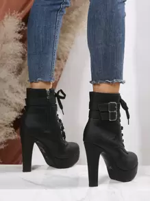 Schnallen-Dekor Schnürstiefel mit Schnürung vorne, Hochplattform Schwarze modische Schnürstiefel mit Schnallen, einfarbig, Valentinstag Damenstiefel