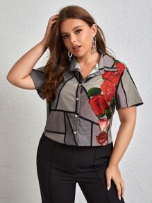 Rizzo Plus Floral Print Button Up Shirt - Multicolor - View 5