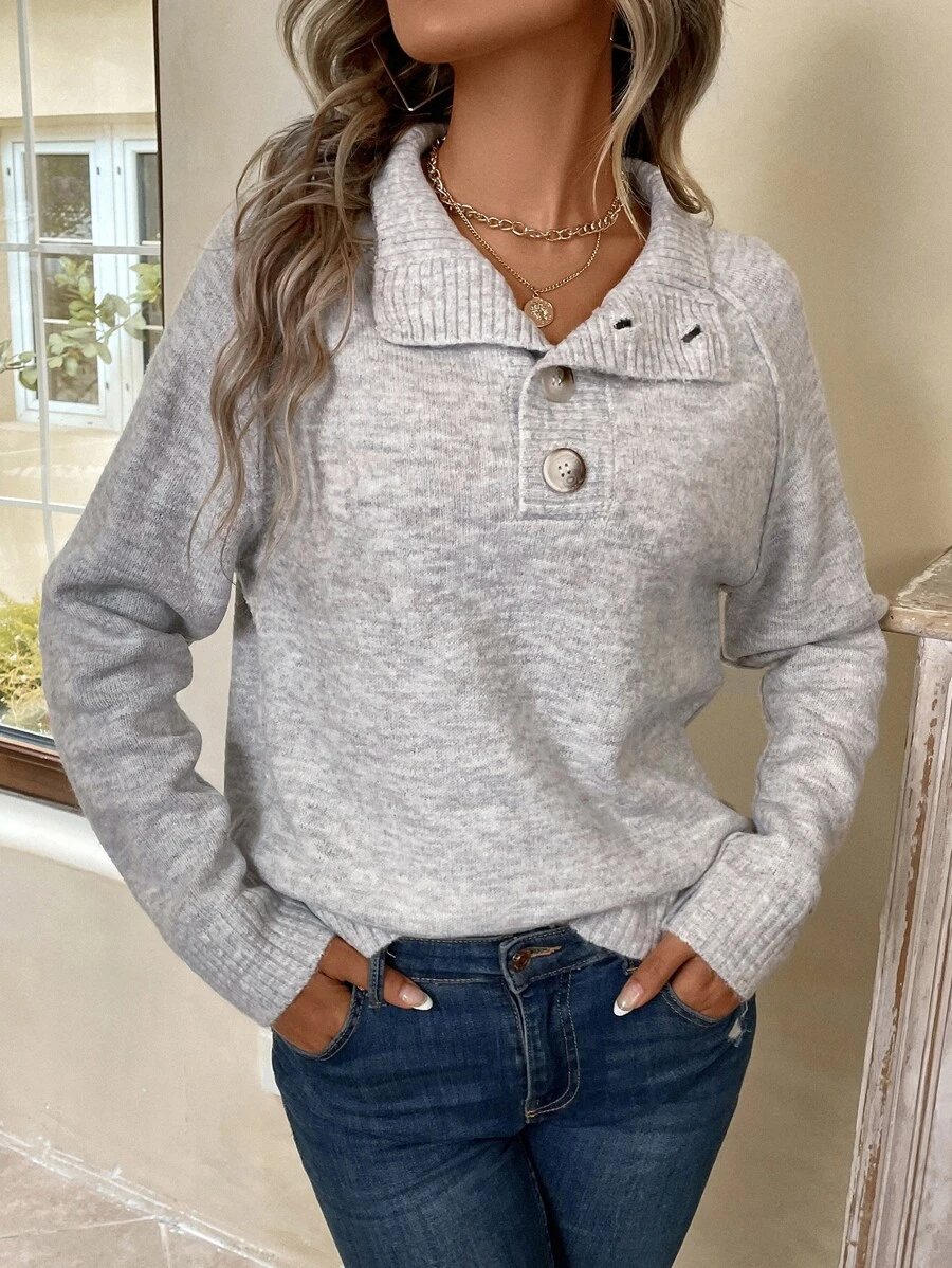 EMERY ROSE Half Button Raglan Sleeve Jumper - Light Grey - View 1