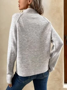 EMERY ROSE Half Button Raglan Sleeve Jumper - Light Grey - View 2