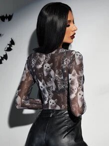 SHEIN ICON Halloween 3D Cat Print Mesh Bodysuit Without Bra - Black and White - View 2