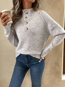 EMERY ROSE Half Button Raglan Sleeve Jumper - Light Grey - View 5
