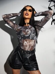 SHEIN ICON Halloween 3D Cat Print Mesh Bodysuit Without Bra - Black and White - View 4