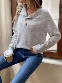 EMERY ROSE Half Button Raglan Sleeve Jumper - Light Grey - View 6