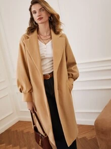 SHEIN Frenchy 西裝領落肩袖花呢外套 - 卡其色 - 查看 3