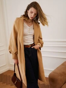 SHEIN Frenchy 西裝領落肩袖花呢外套 - 卡其色 - 查看 4