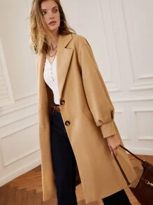 SHEIN Frenchy 西裝領落肩袖花呢外套 - 卡其色 - 查看 5