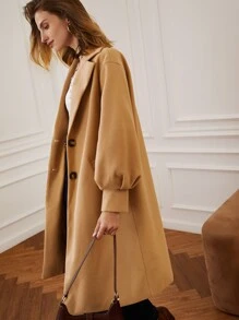 SHEIN Frenchy 西裝領落肩袖花呢外套 - 卡其色 - 查看 6