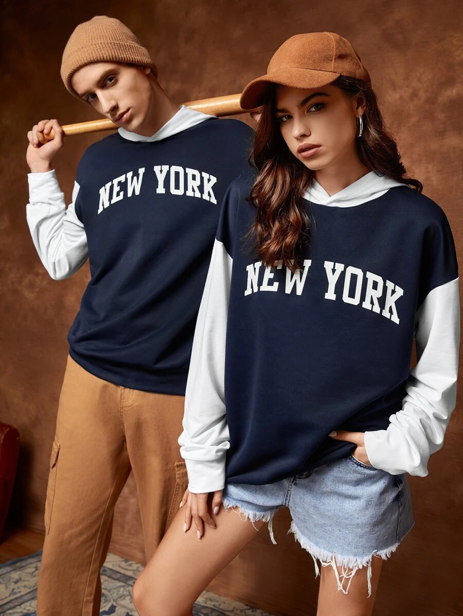 Manfinity RebelGame 1pc Letter Graphic Colour Block Drop Shoulder Hoodie - Navy Blue - View 1