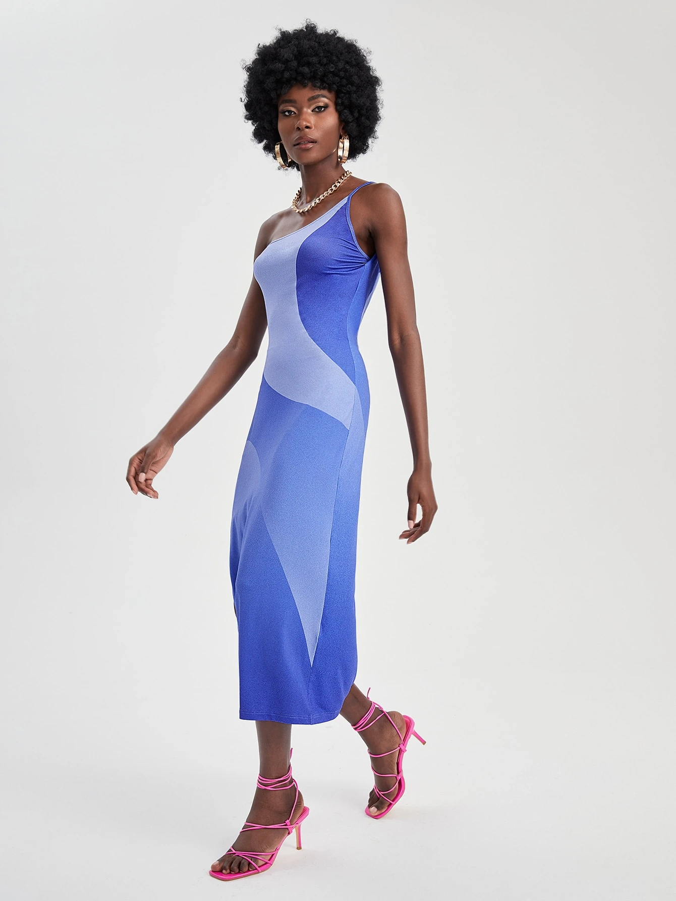 Miniatura 4 de X Ishaarah Vestido de color combinado de un hombro de muslo con abertura Multicolor