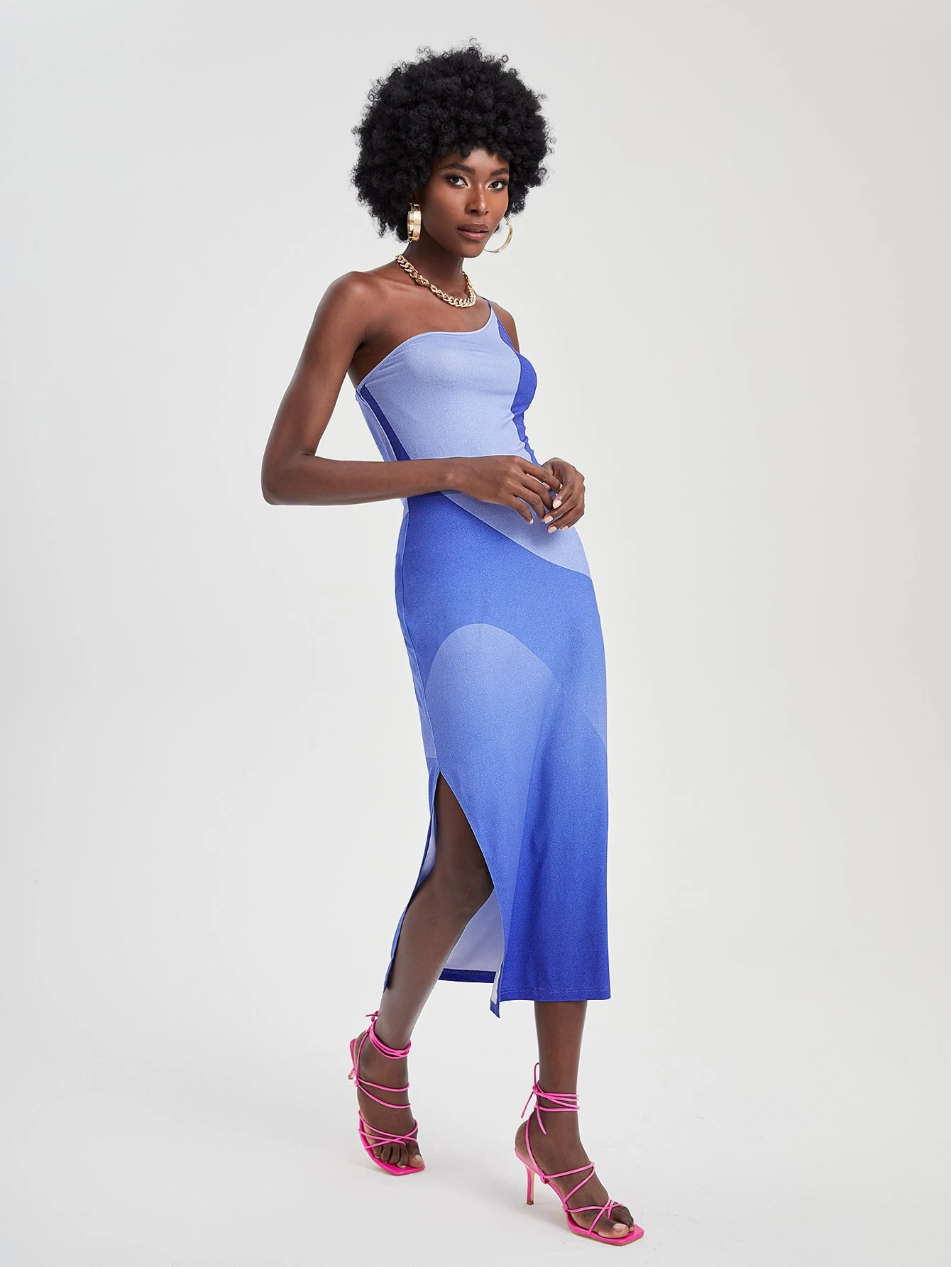 Miniatura 7 de X Ishaarah Vestido de color combinado de un hombro de muslo con abertura Multicolor