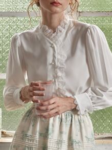 Simple Retro Áo sơ mi nữ Nút Tương phản ren màu trơn Thanh lịch - trắng - Xem 3