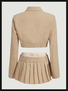 SHEIN ICON 秋冬西部牛仔纯色翻领短款西装外套和百褶裙