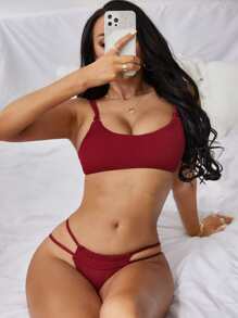 Rib Knot Detail Thong Bikini Set, For Summer Beach Vacation - Burgundy - View 4