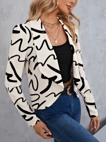 SHEIN Clasi 滿版印花開門襟西裝外套 - 米色 - 查看 2
