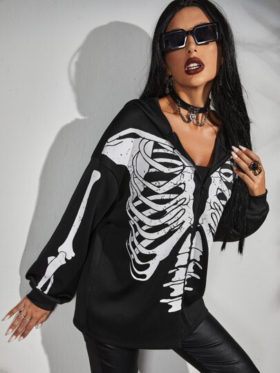 Skeleton Print Drop Shoulder Zip Up Hoodie