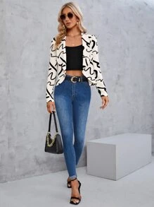 SHEIN Clasi 滿版印花開門襟西裝外套 - 米色 - 查看 5