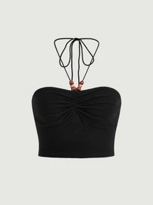 SHEIN MOD 前收褶繞頸短上衣 - 黑色 - 查看 1