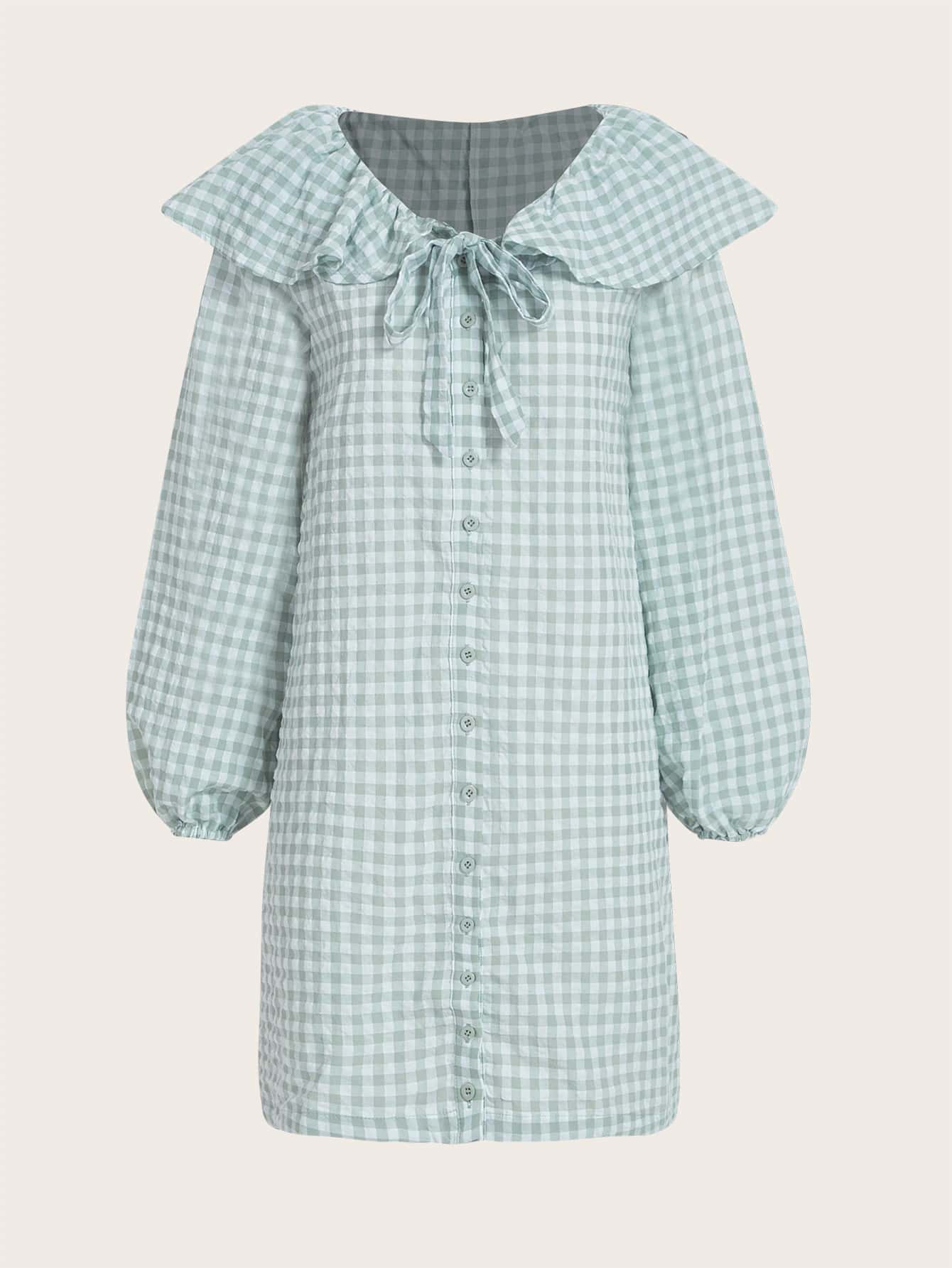 CIRCE Tie Front Gingham Ruffle Trim Dress - Multicolor - View 1