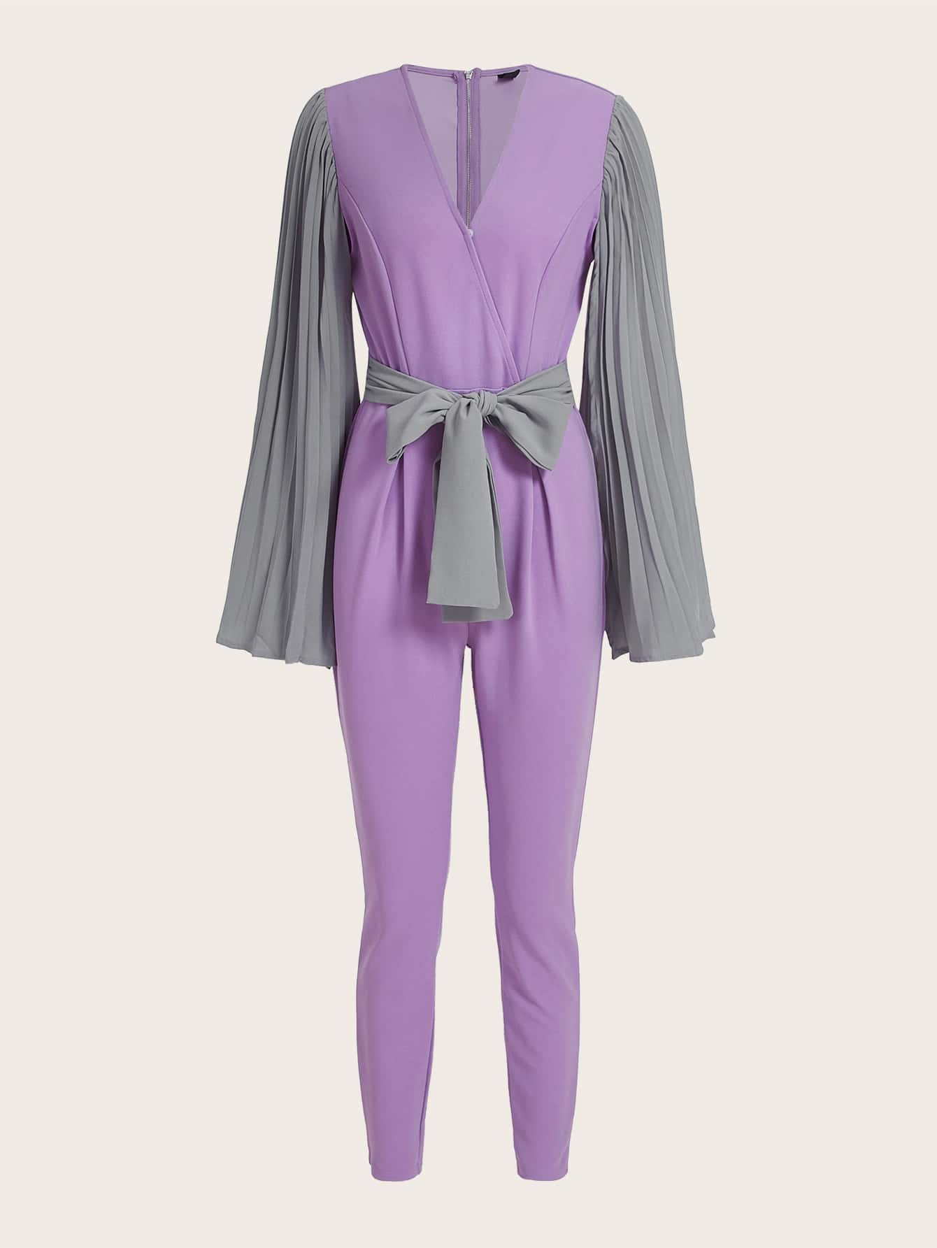 Tania Corgon Designer Knot Waist Pleated Split Sleeve Zip Back Jumpsuit, For Holiday, Festival - Lilac Purple - View 1