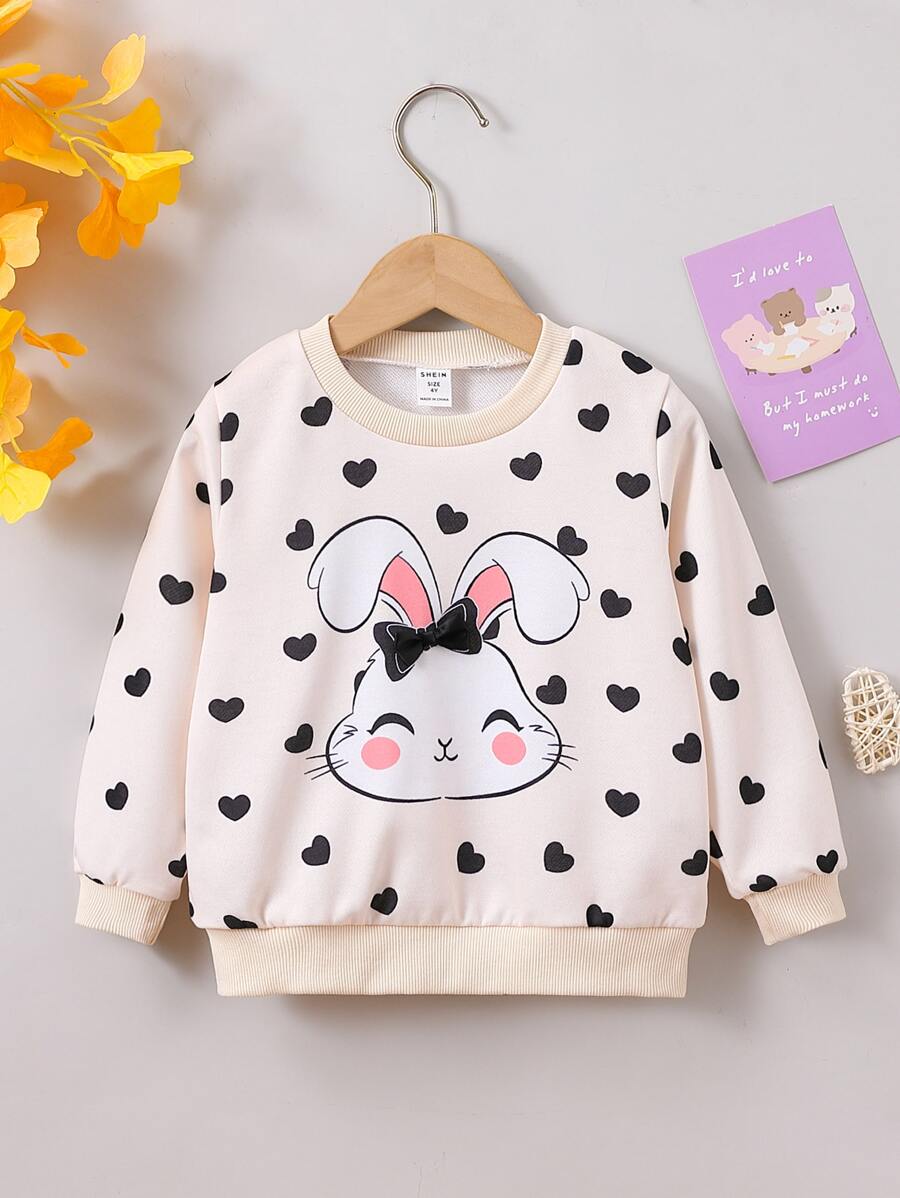 SHEIN Toddler Girls Heart And Rabbit Print Bow Detail Sweatshirt - Apricot - View 1