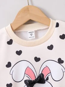 SHEIN Toddler Girls Heart And Rabbit Print Bow Detail Sweatshirt - Apricot - View 3
