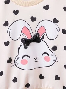 SHEIN Toddler Girls Heart And Rabbit Print Bow Detail Sweatshirt - Apricot - View 4