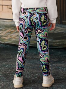 SHEIN 小女童反光滿版心形印花緊身打底褲 - 彩色 - 查看 2