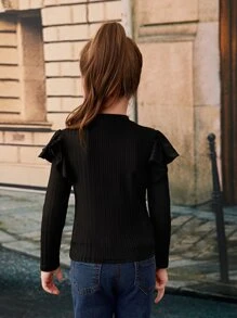 SHEIN Jersey de manga larga con cuello de cisne medio, dobladillo con volantes y color liso suave y versátil para niña - Negro - Ver 2