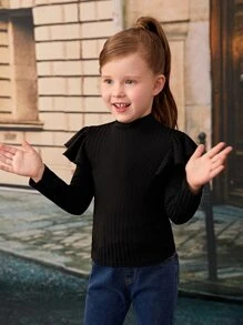 SHEIN Jersey de manga larga con cuello de cisne medio, dobladillo con volantes y color liso suave y versátil para niña - Negro - Ver 3