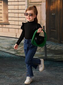 SHEIN Jersey de manga larga con cuello de cisne medio, dobladillo con volantes y color liso suave y versátil para niña - Negro - Ver 4