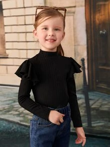 SHEIN Jersey de manga larga con cuello de cisne medio, dobladillo con volantes y color liso suave y versátil para niña - Negro - Ver 5