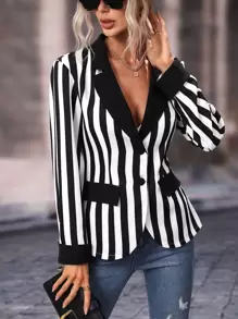 SHEIN Privé Striped Print Lapel Collar Single Breasted Blazer - Black and White - View 3